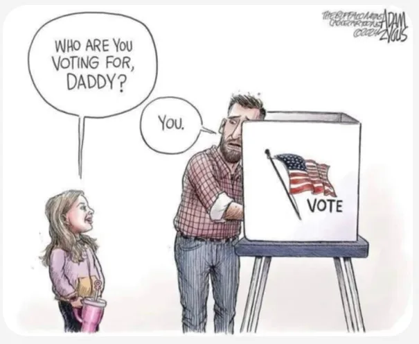 A cartoon depicts a young girl holding a pink cup and asking her father, standing at a voting booth with an American flag…
