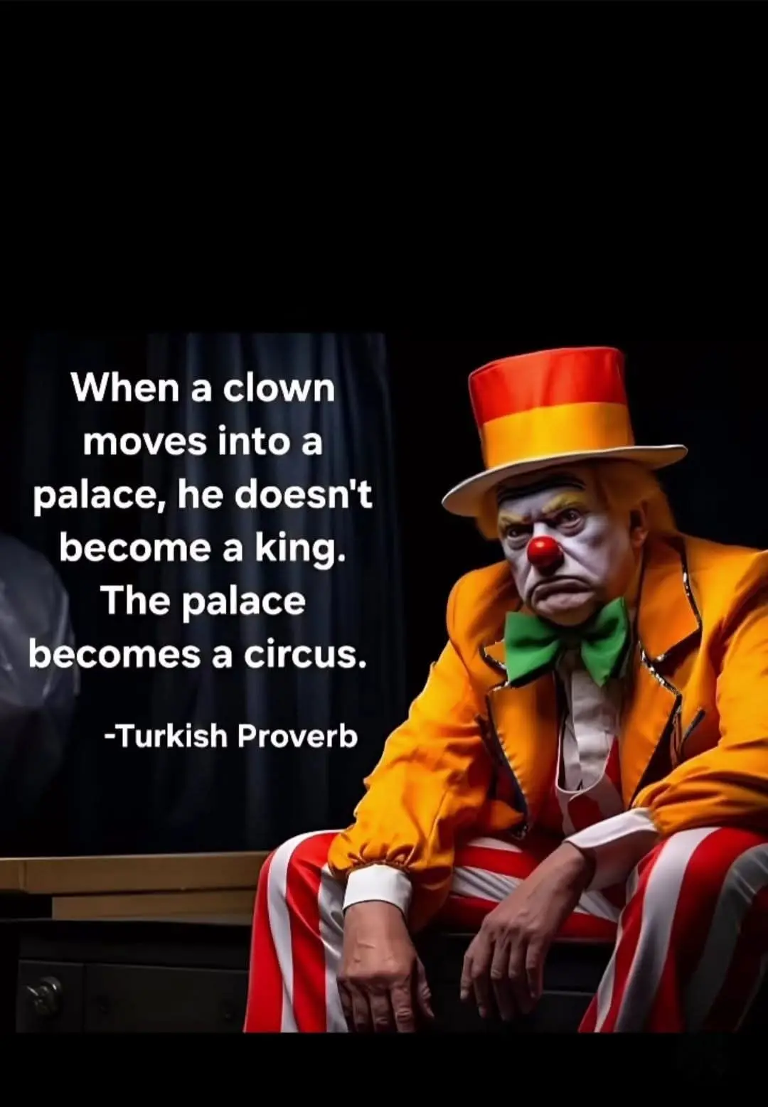 A somber-looking clown in a bright orange suit, red-and-white striped pants, and a red-and-yellow top hat sits slumped on a…