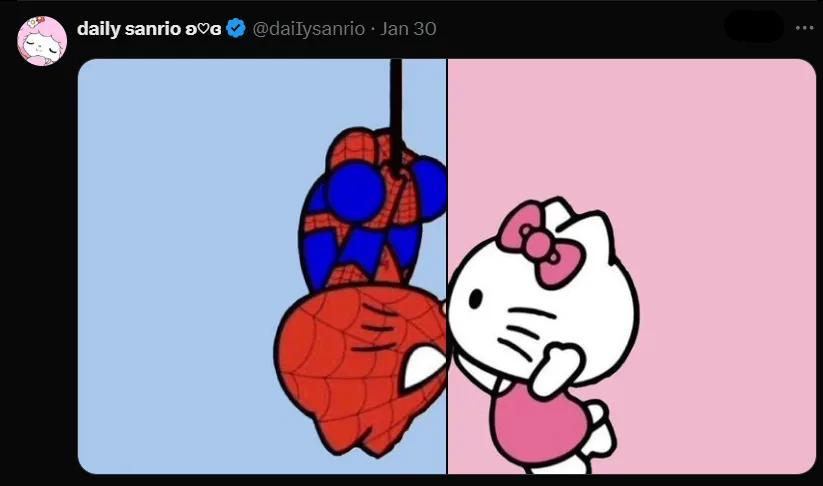The image shows Spider-Man hanging upside down by a web against a blue background, while Hello Kitty stands beside him…