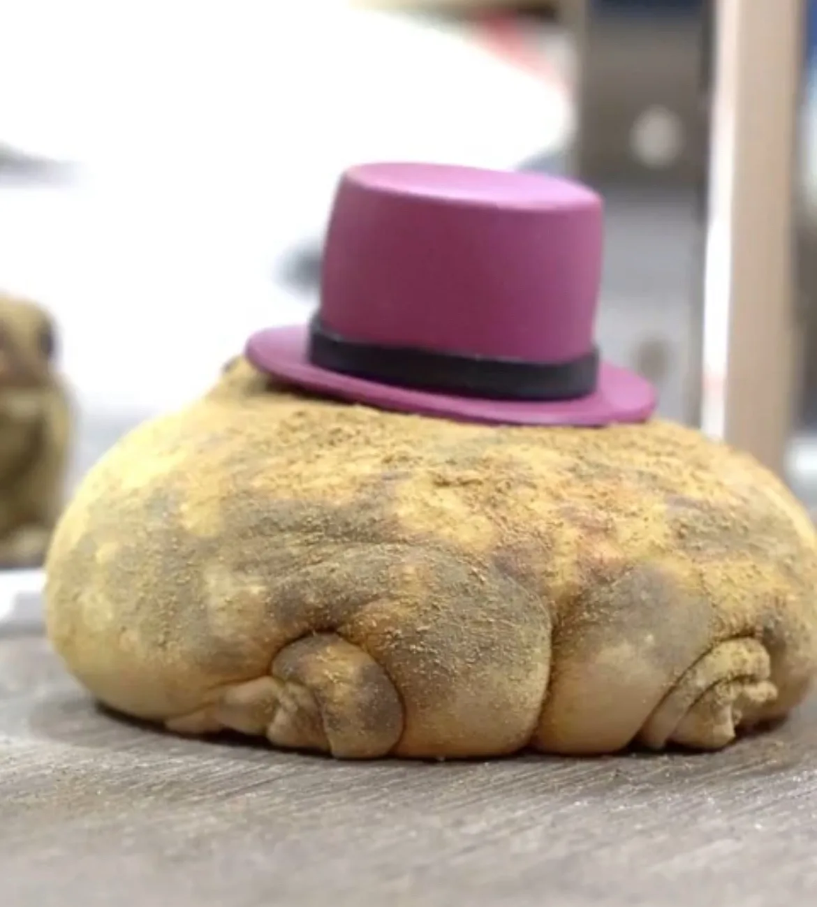 A close-up of a large, irregularly shaped, brownish-yellow potato resting on a wooden surface. Perched atop the potato is a…