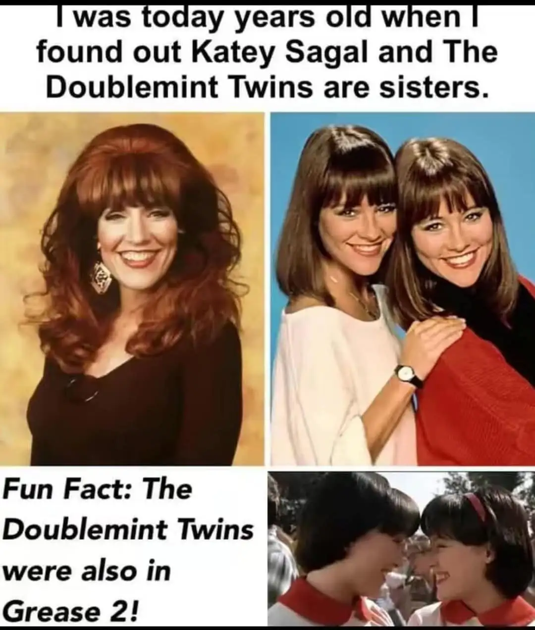 The image is a four-panel meme. Top left shows Katey Sagal smiling with red hair. Top right shows two identical-looking…