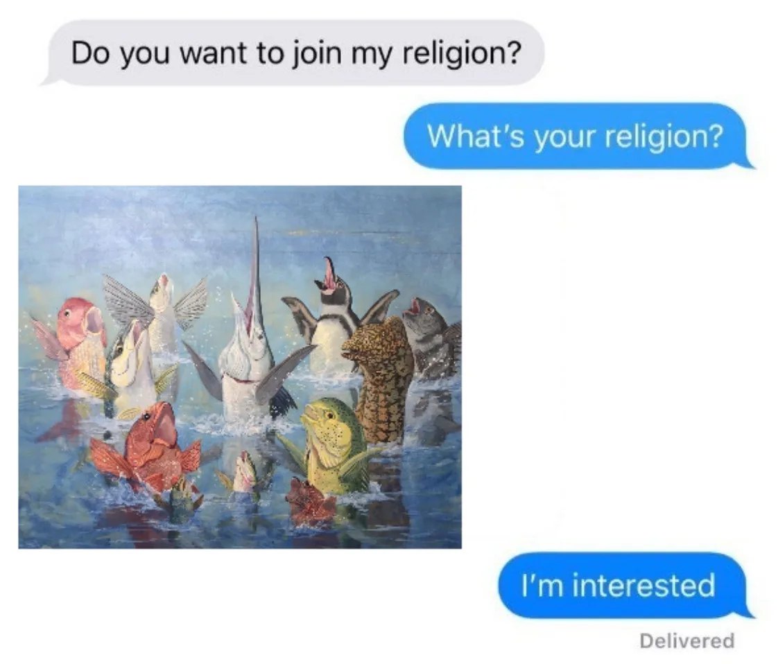 A screenshot of a text conversation shows a message asking if the recipient wants to join a religion, followed by a reply…