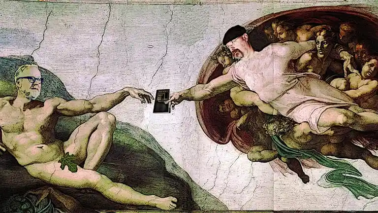 A digitally altered version of Michelangelo's 'The Creation of Adam' where God's hand is replaced with a hand holding a…