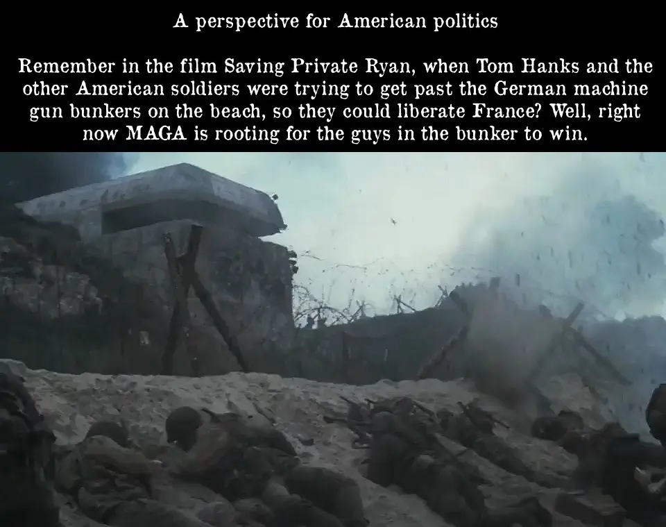 The image shows a scene from the movie Saving Private Ryan, depicting American soldiers in a beach assault, crawling toward…