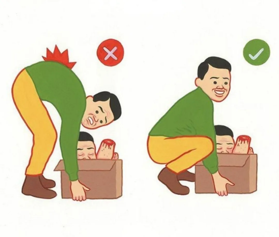 An illustrated guide showing two poses: on the left, a man bending over sharply with a red 'X' above him, causing discomfort…
