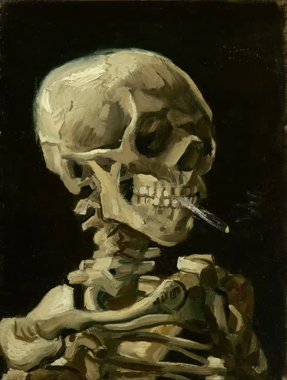 This image is a painting of a human skull with visible bones and teeth, set against a dark background. The skull is depicted…
