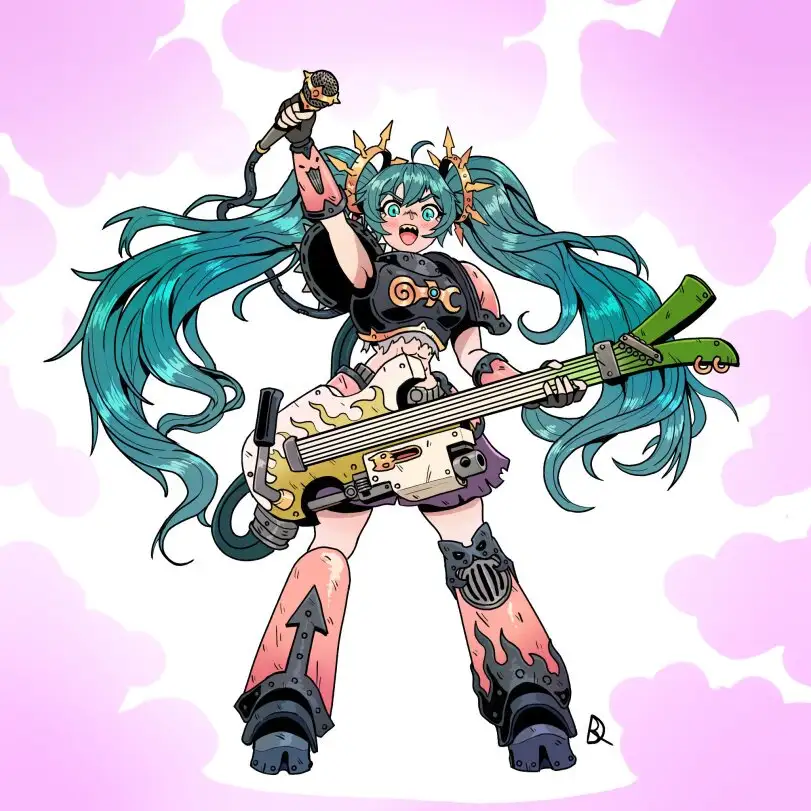 An anime-style character with long teal hair, wearing a black armored outfit and holding a microphone in one hand and a…