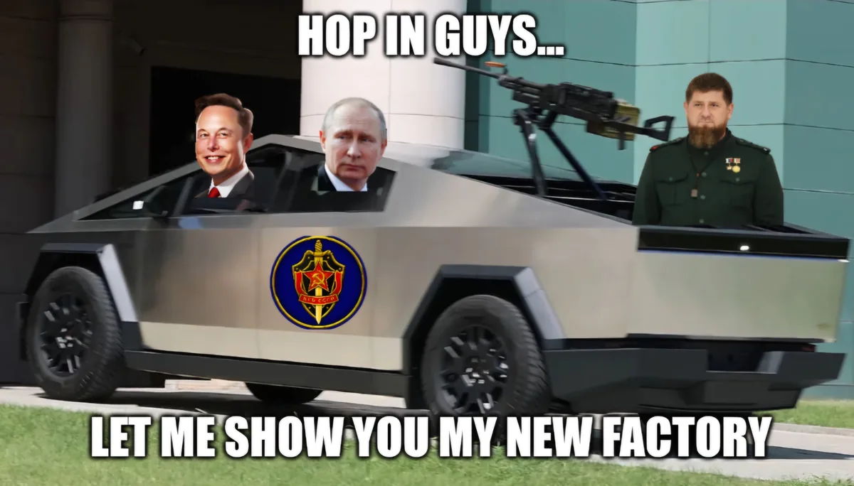 A silver Tesla Cybertruck has been digitally altered to feature a Soviet-era emblem on its side and a mounted machine gun on…