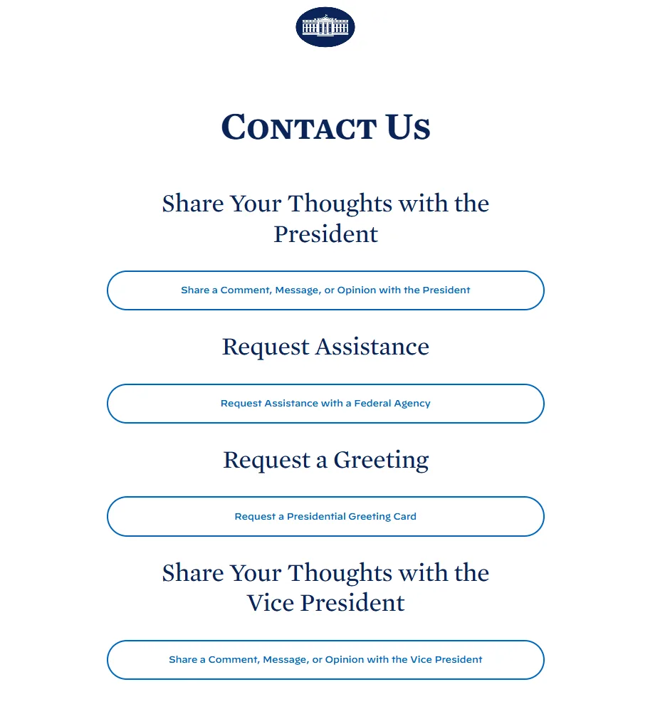 A screenshot of a White House 'Contact Us' webpage showing options to share thoughts with the President or Vice President…