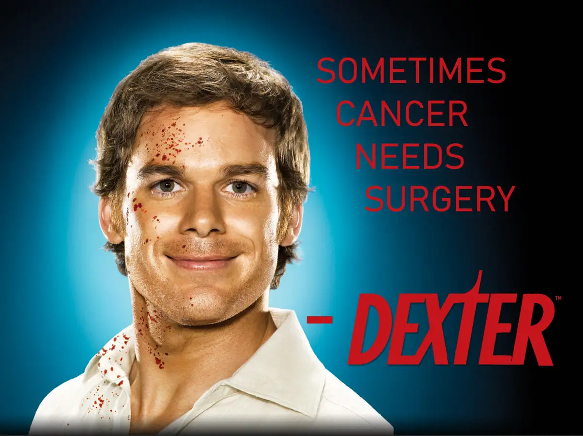 A promotional image of the TV show Dexter featuring actor Michael C. Hall as the titular character, smiling with blood…