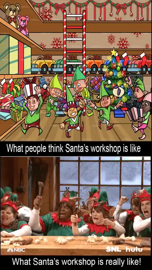 The top panel shows cartoon elves in a bright, cheerful workshop filled with toys, a decorated tree, and a candy cane…
