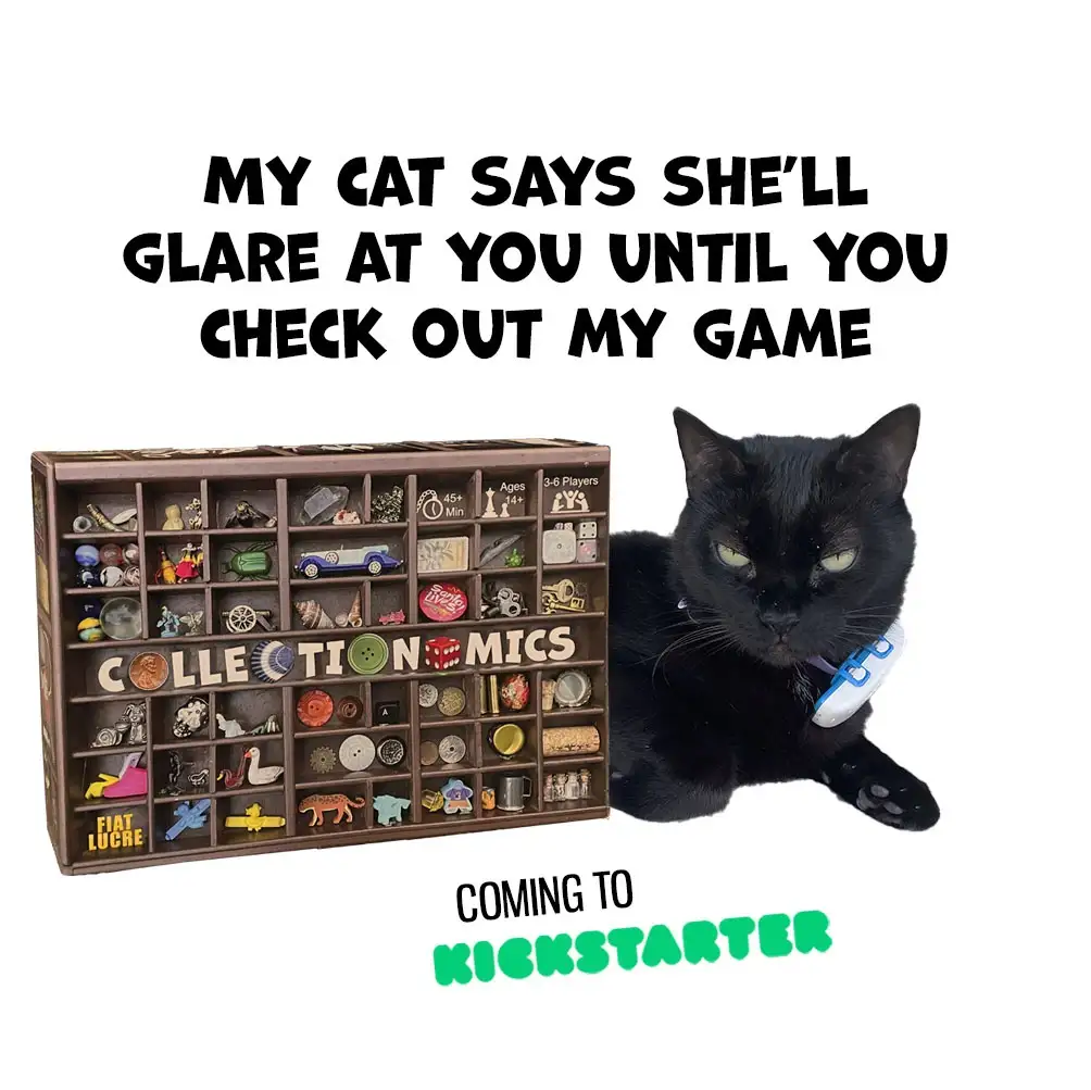A black cat with a stern expression and a blue and white collar sits beside a board game box titled 'Collectionomics,' which…