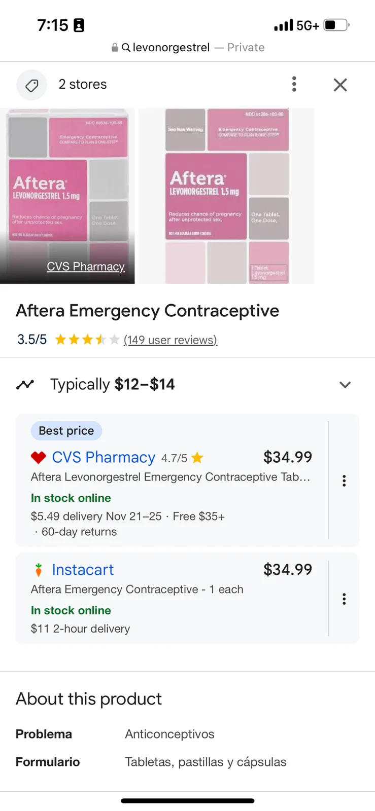A screenshot of a mobile shopping app showing the product page for 'Aftera Emergency Contraceptive' with two price options…