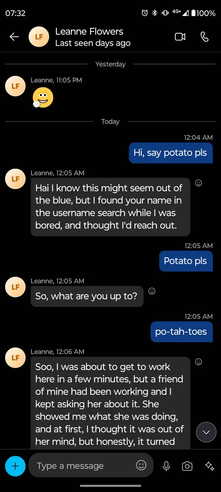A screenshot of a text conversation shows a user asking 'Hi, say potato pls', then 'Potato pls', and finally 'po-tah-toes'…
