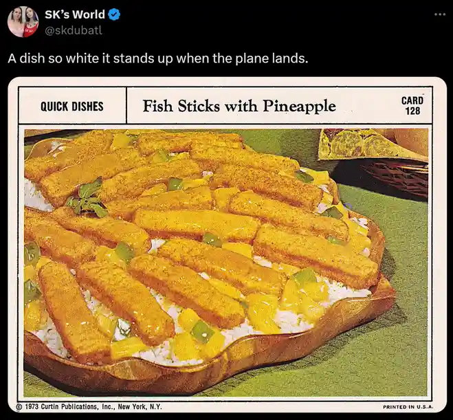 The image shows a vintage 1973 'Quick Dishes' recipe card labeled 'Fish Sticks with Pineapple,' Card 128, featuring a dish…