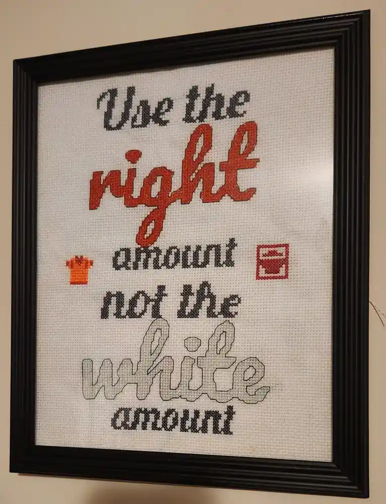 A framed cross-stitch artwork on white fabric with black, red, and gray thread reads 'Use the right amount not the white…