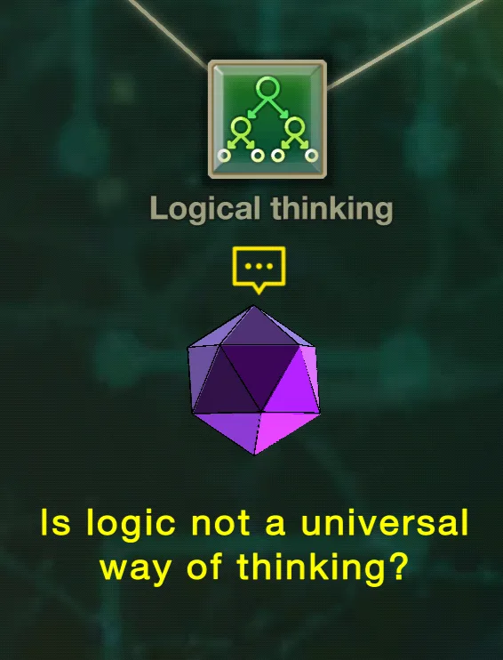 An image shows a green icon labeled 'Logical thinking' above a purple dodecahedron with a speech bubble pointing to it…