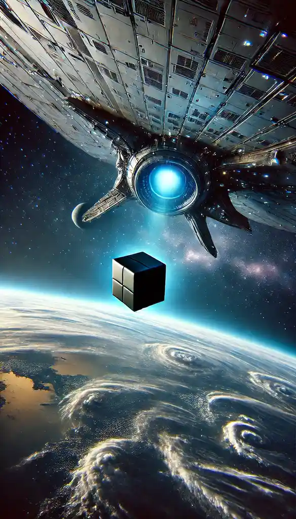 A black cube floats in space above Earth's swirling clouds and oceans, with a massive, intricate, futuristic spaceship…