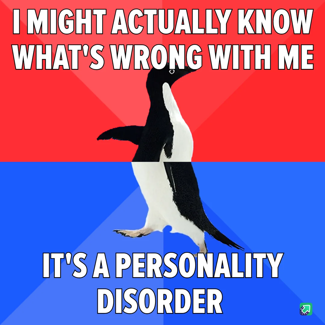A penguin stands in the center of the image, split by a horizontal line, with a red background above and a blue background…