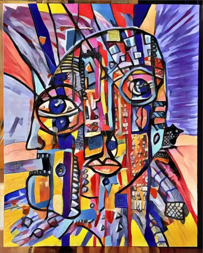 A colorful abstract painting of a stylized human face with geometric shapes, bold lines, and vibrant hues like blue, yellow…
