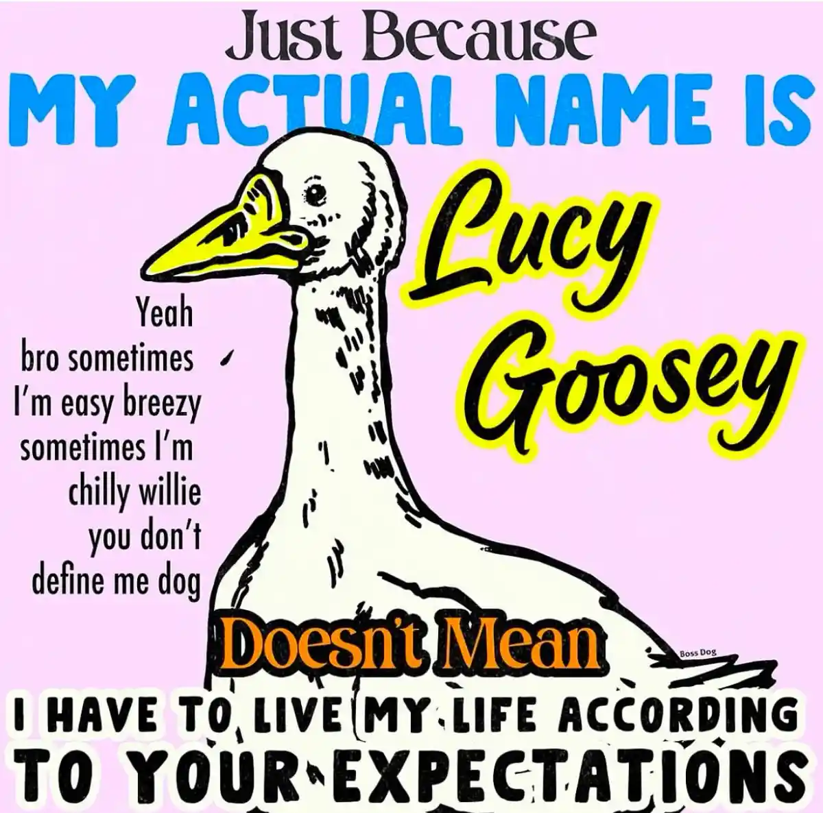 A cartoon goose with a yellow beak and black outline stands against a pink background. Text overlaid on the image reads…