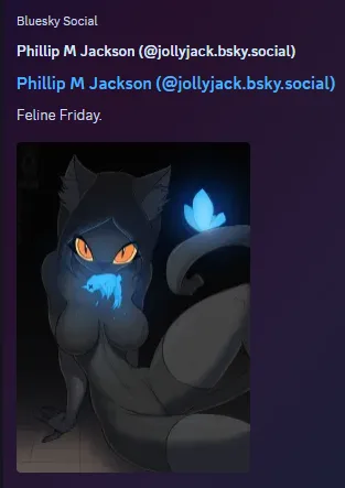A dark-furred anthropomorphic cat with glowing orange eyes and glowing blue fish and butterfly shapes near its face, set…