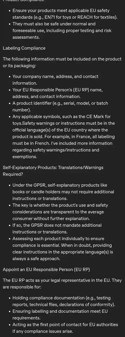The image displays a black background with white text outlining EU product compliance regulations, including sections on…