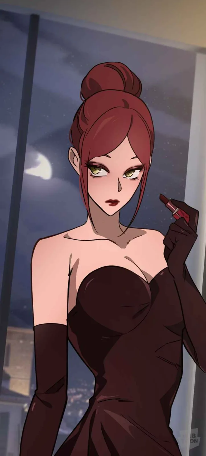An anime-style woman with red hair in a bun, green eyes, and wearing a dark red strapless dress and matching gloves stands…