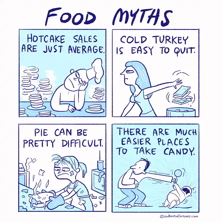 A four-panel comic titled 'FOOD MYTHS' depicts common misconceptions: a man overwhelmed by stacks of pancakes, a woman…