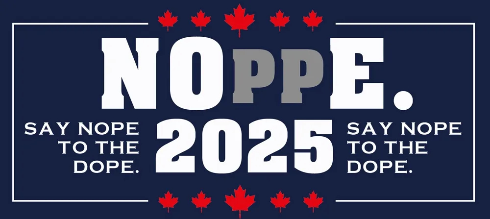 A dark blue graphic with red maple leaves at the top and bottom, featuring the word 'NOPPE.' in large white and gray…