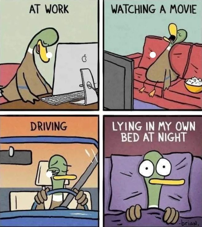 A four-panel comic strip featuring a cartoon duck in different scenarios: at a desk with a laptop labeled 'AT WORK', on a…