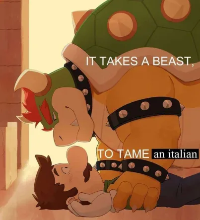 A large, green-shelled turtle-like character with spiked armor is holding a smaller, brown-haired human-like character in a…