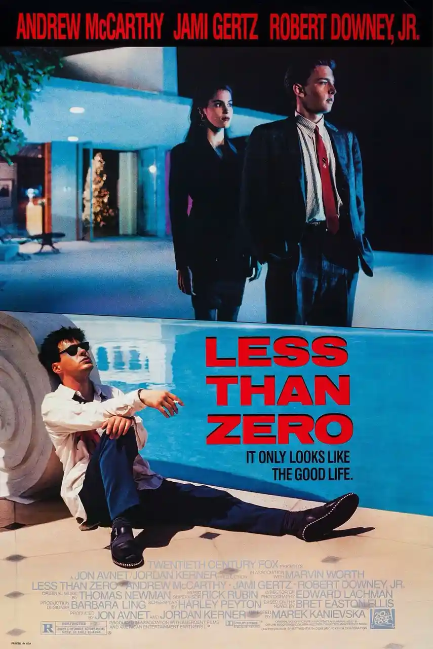 This is a movie poster for 'Less Than Zero' featuring actors Andrew McCarthy, Jami Gertz, and Robert Downey Jr. The top half…
