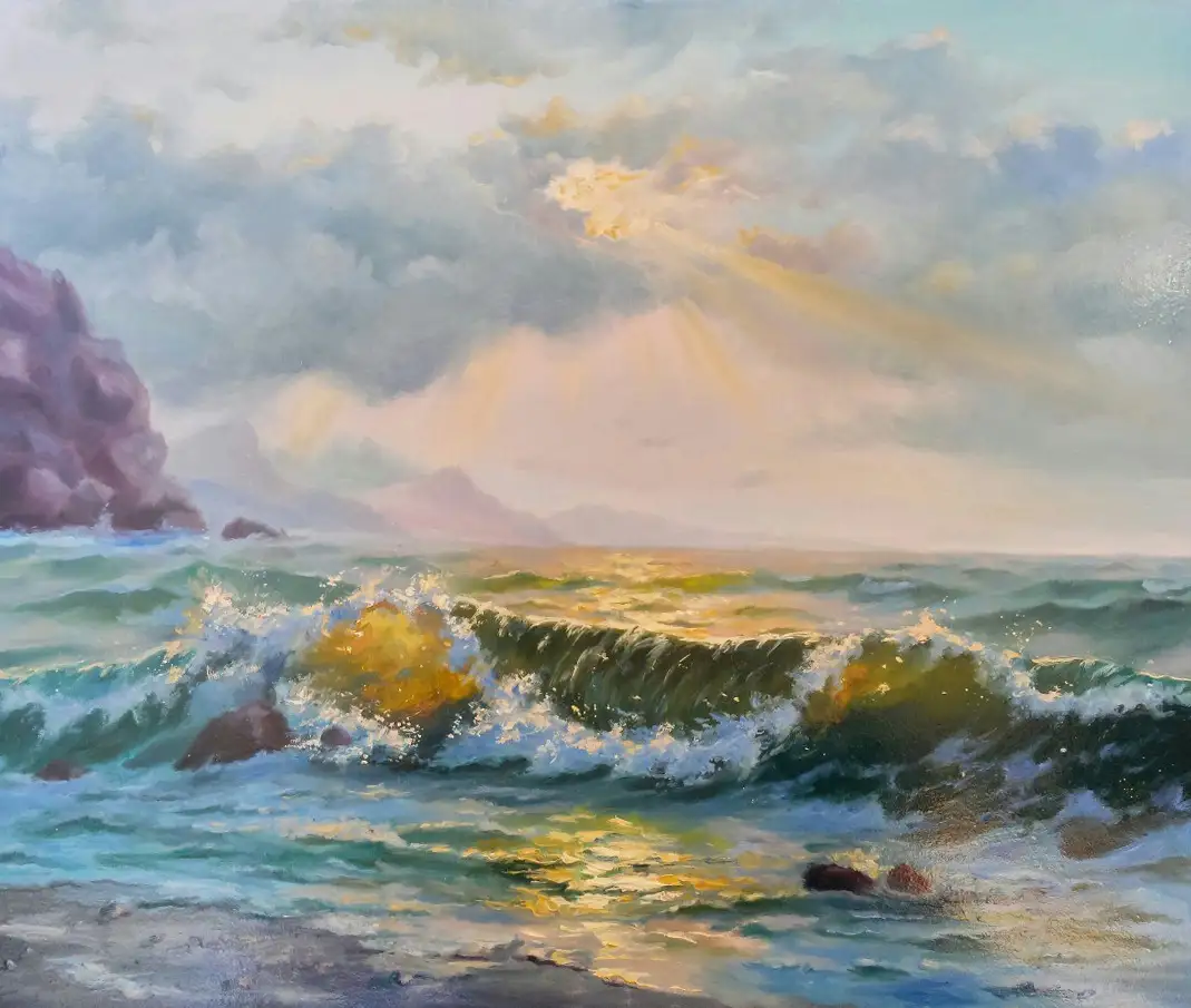 A dramatic oil painting depicts a turbulent ocean with crashing waves under a cloudy sky pierced by golden sunbeams, with no…
