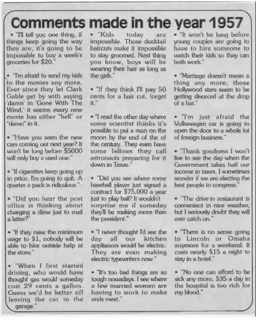 A black-and-white image displays a newspaper clipping titled 'Comments made in the year 1957,' listing 14 humorous…