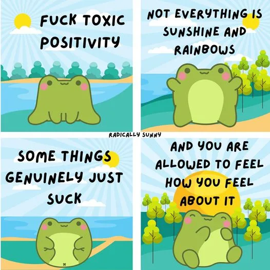 A four-panel meme featuring a cartoon green frog in various poses against a sunny, idyllic background with trees and water…