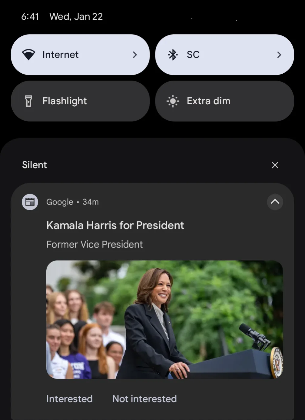 A smartphone quick settings panel shows a Google search result for 'Kamala Harris for President' with her photo at a podium…