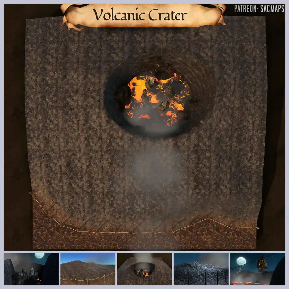 An overhead view of a digital map labeled 'Volcanic Crater' showing a glowing lava-filled pit surrounded by dark, textured…