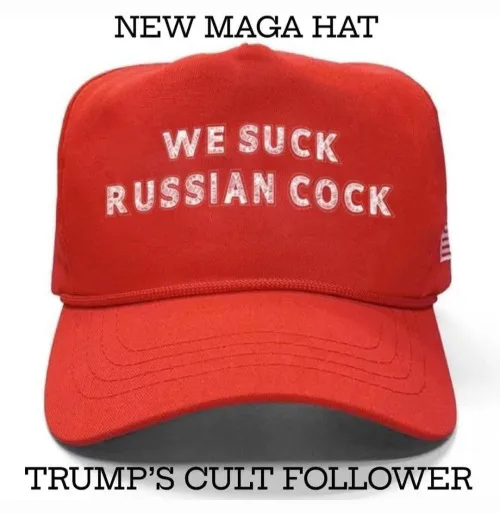 A red baseball cap with white embroidered text reading 'WE SUCK RUSSIAN COCK' is shown against a white background. Text at…