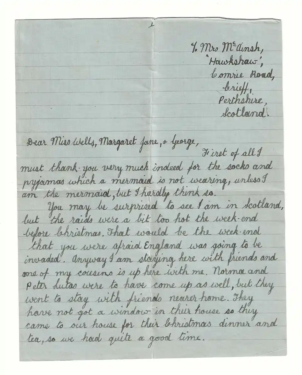 A handwritten letter on lined paper, addressed to 'Mrs. McAlinsh' in Scotland, humorously explains the writer's presence…