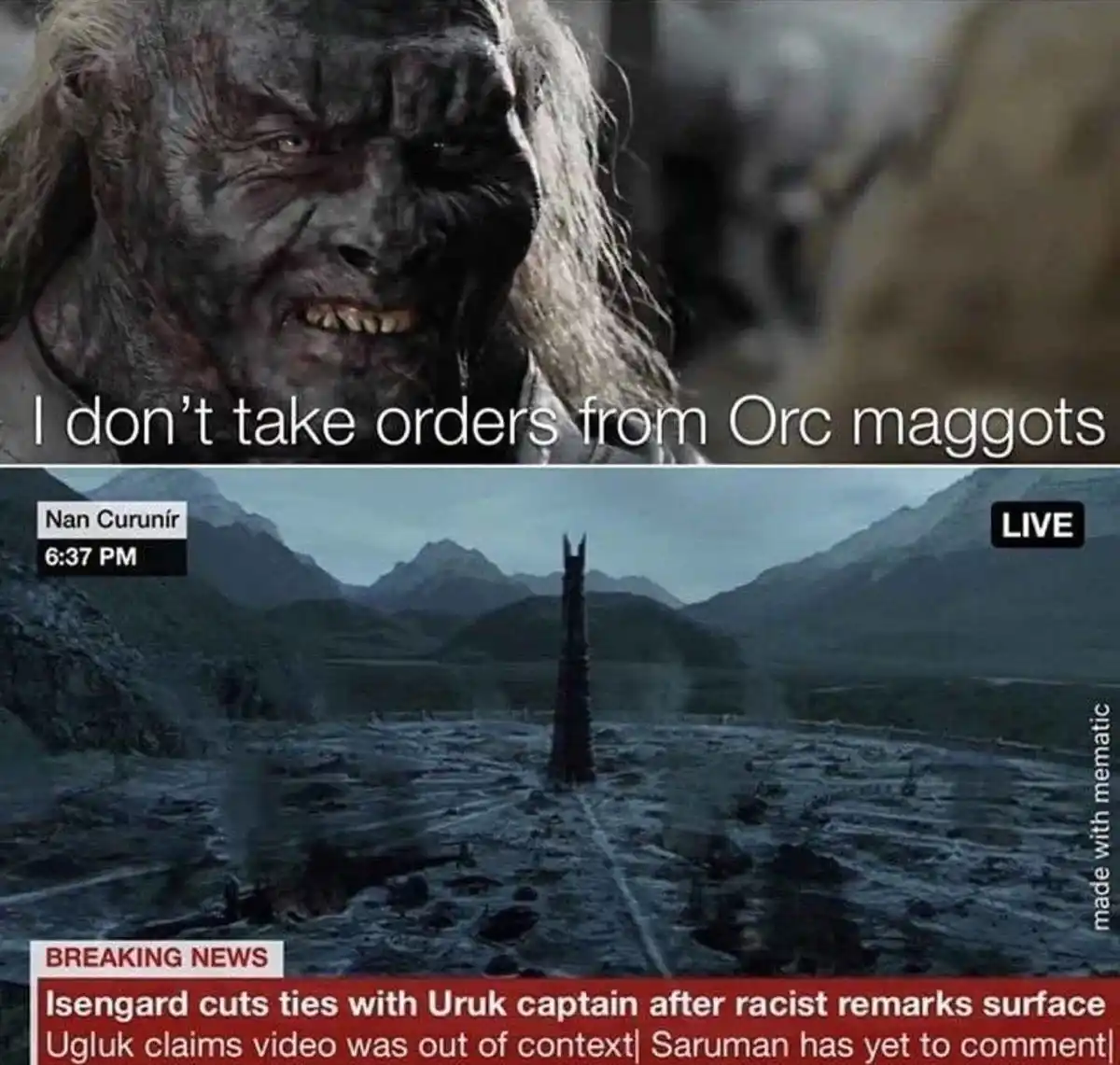 The top panel shows a close-up of a furious, dark-skinned orc with long hair and a snarling expression. The bottom panel is…