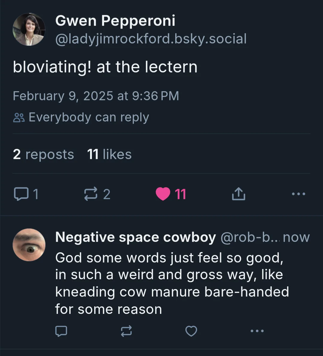 A screenshot of a social media post by 'Gwen Pepperoni' with the text 'bloviating! at the lectern', followed by a reply from…