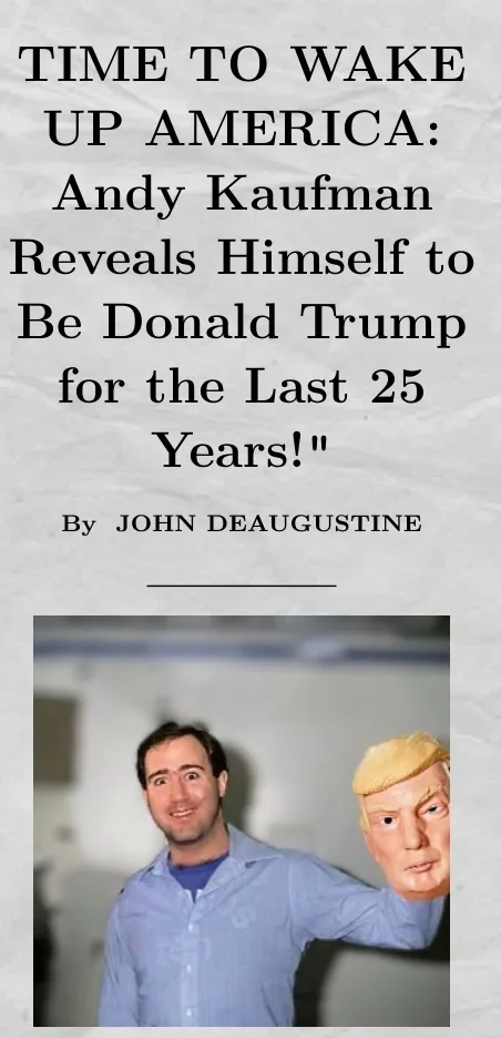 A man in a blue shirt holds up a mask resembling Donald Trump's face, with large text above reading 'TIME TO WAKE UP…