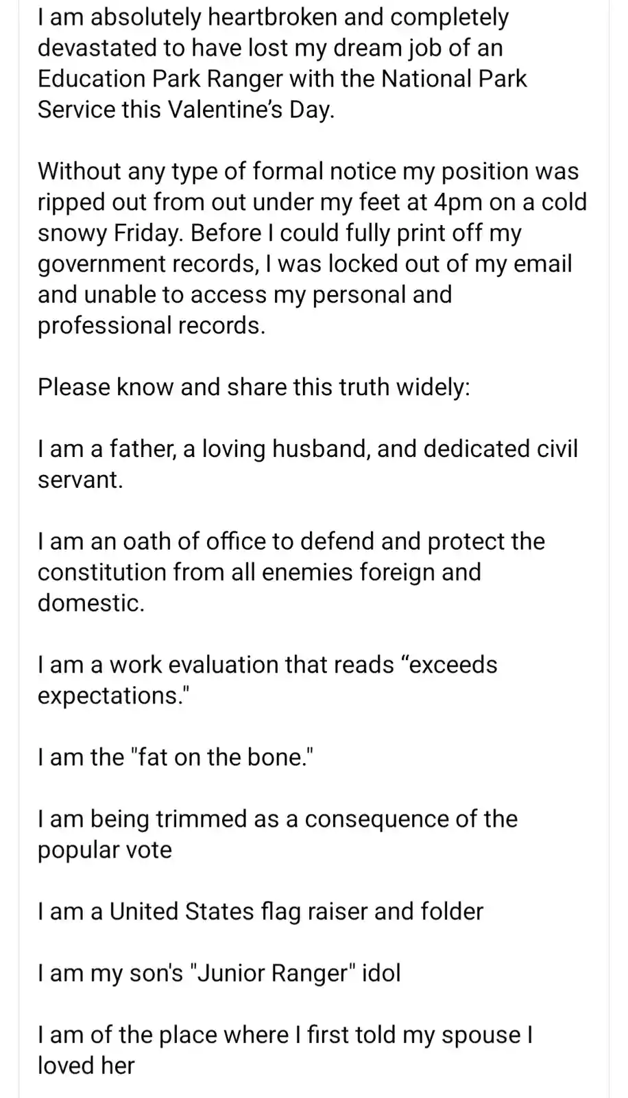 The image displays a plain white background with black text formatted as a personal statement. The text details the sudden…