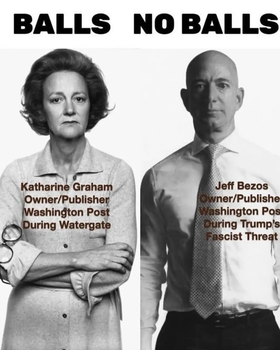 A black-and-white split image shows Katharine Graham, owner/publisher of the Washington Post during Watergate, with arms…