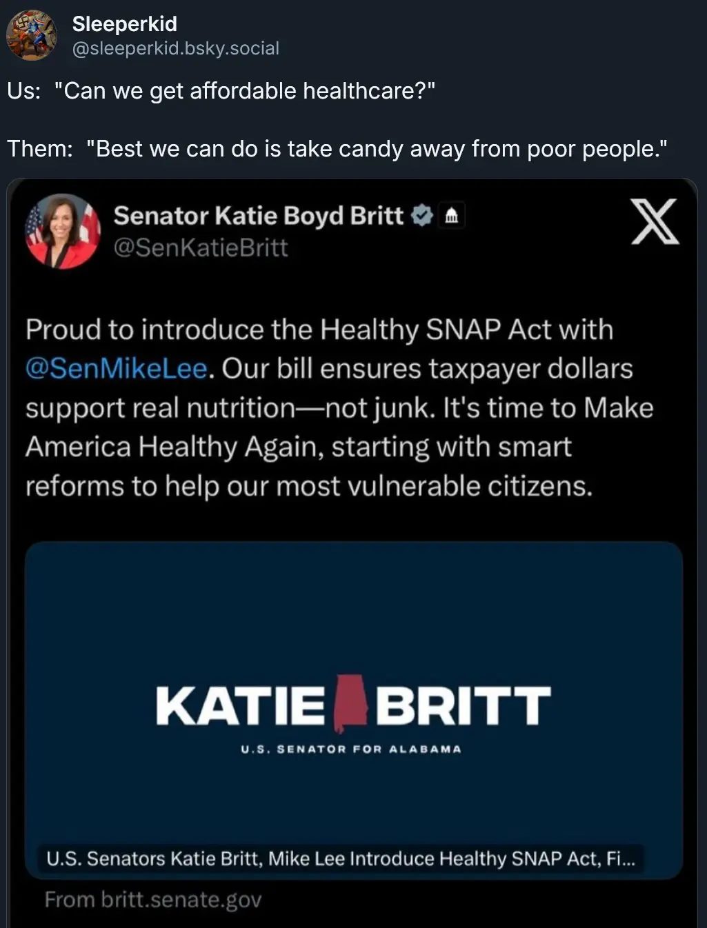 A screenshot of a tweet from Senator Katie Britt promoting the 'Healthy SNAP Act,' which aims to ensure taxpayer dollars…