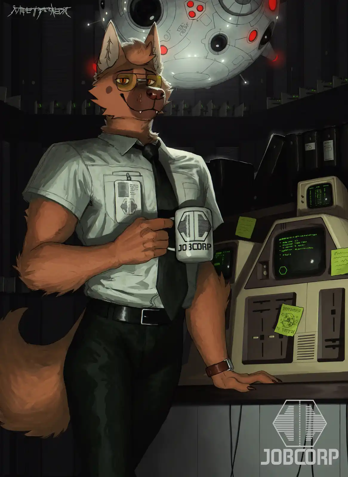 A brown anthropomorphic fox wearing glasses, a grey shirt, and black tie stands in a dimly lit, retro-futuristic office…