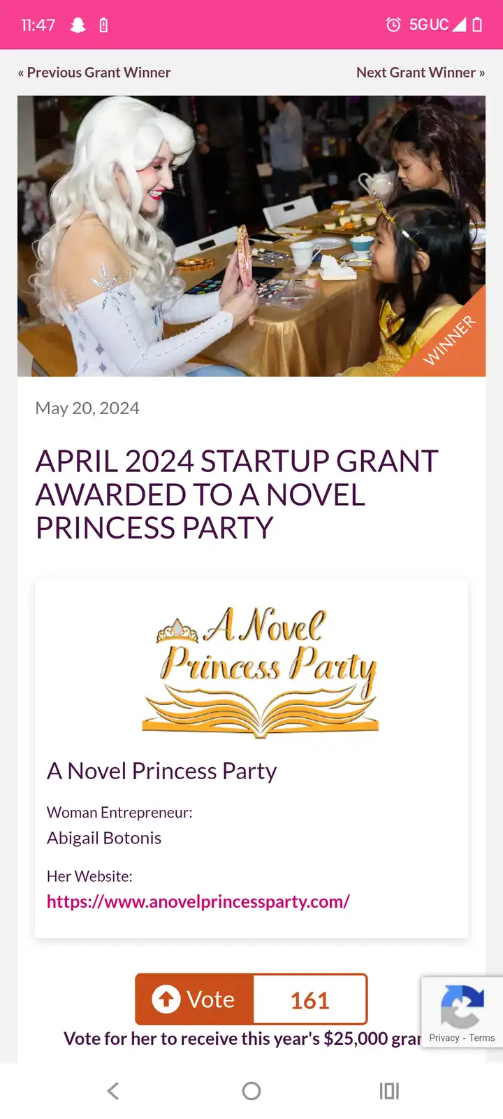 A screenshot of a mobile app showing a 'WINNER' banner over a photo of a woman in a white Elsa costume helping young girls…