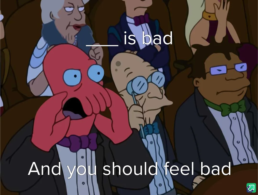 An image from the animated show Futurama shows a red octopus character in a tuxedo with a shocked expression, covering his…