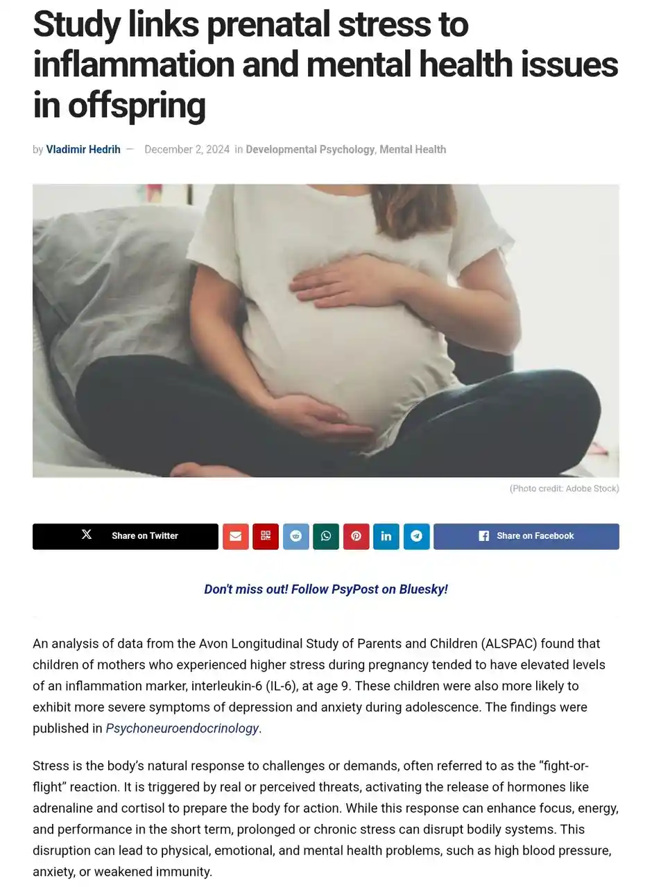 A screenshot of a news article titled 'Study links prenatal stress to inflammation and mental health issues in offspring'…